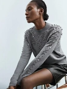 Maija Women's Dark Gray Mock Neck Studded Design Sweater, Versatile, Casual, Comfortable, Loose Fit, Raglan Sleeve, Long Sleeve Top, Sparkling Studded Accent, Business Casual, Office Wear Street-Cool, Holiday Vacation Summer Going Out Graduation - Grey - View 4