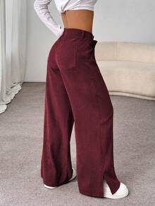 Flirla Pantalones largos rectos y sueltos con abertura lateral de pana de moda informal para otoño/invierno para mujeres - Burdeos - Ver 2