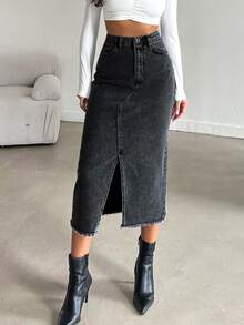 Tall High Waist Front Slit Denim Skirt - Black - View 6