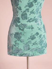 ROMWE EDITION 大量串珠亮片露背垂坠领口设计天鹅绒派对礼服，宝石蓝