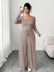 SHEIN EZwear 大码条纹上衣和裤子休闲两件套 - 彩色 - 查看 3
