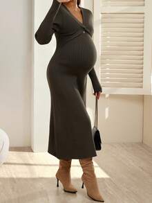 SHEIN Women's Fitted V-Neck Fishtail Hem Design Casual Elegant Maternity Long Sleeve Sweater Dress - Army Green - View 7