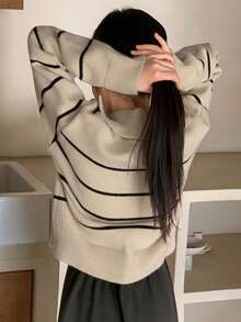 Dazy Kids 少女撞色条纹高领长袖宽松开衫 - 杏色 - 查看 2