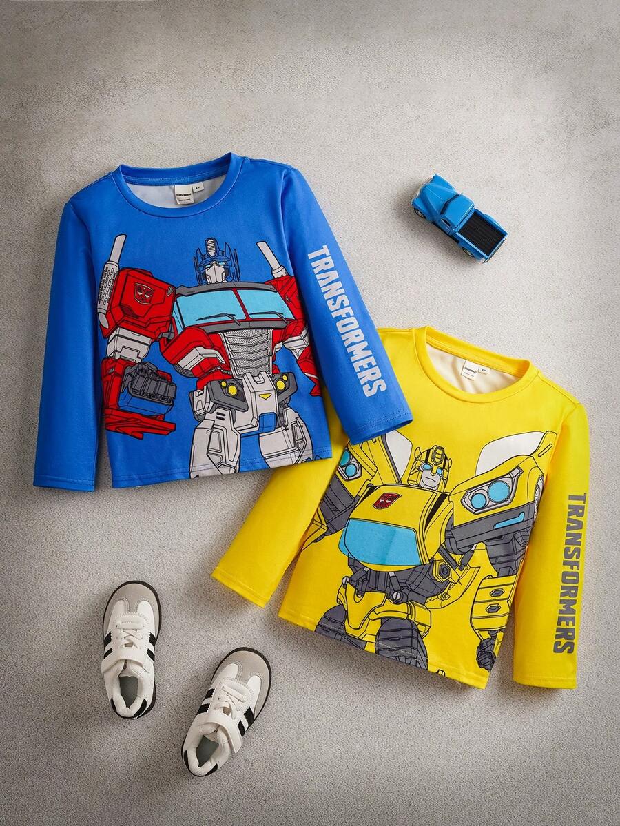 Transformers X SHEIN 男童两件套时尚休闲机器人印花圆领长袖针织T恤，黄蓝配色