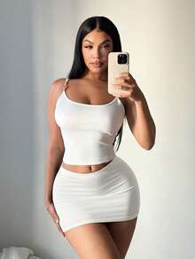SHEIN SXY Plus Size Women's Solid Color Basic White Sexy Casual Mini Bodycon Skirt (With Leggings)