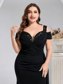 Coutiva Váy dạ hội trang trọng thanh lịch, hở vai, xếp nếp, màu trơn, họa tiết chắp vá, cỡ lớn dành cho nữ - màu đen - Xem 5