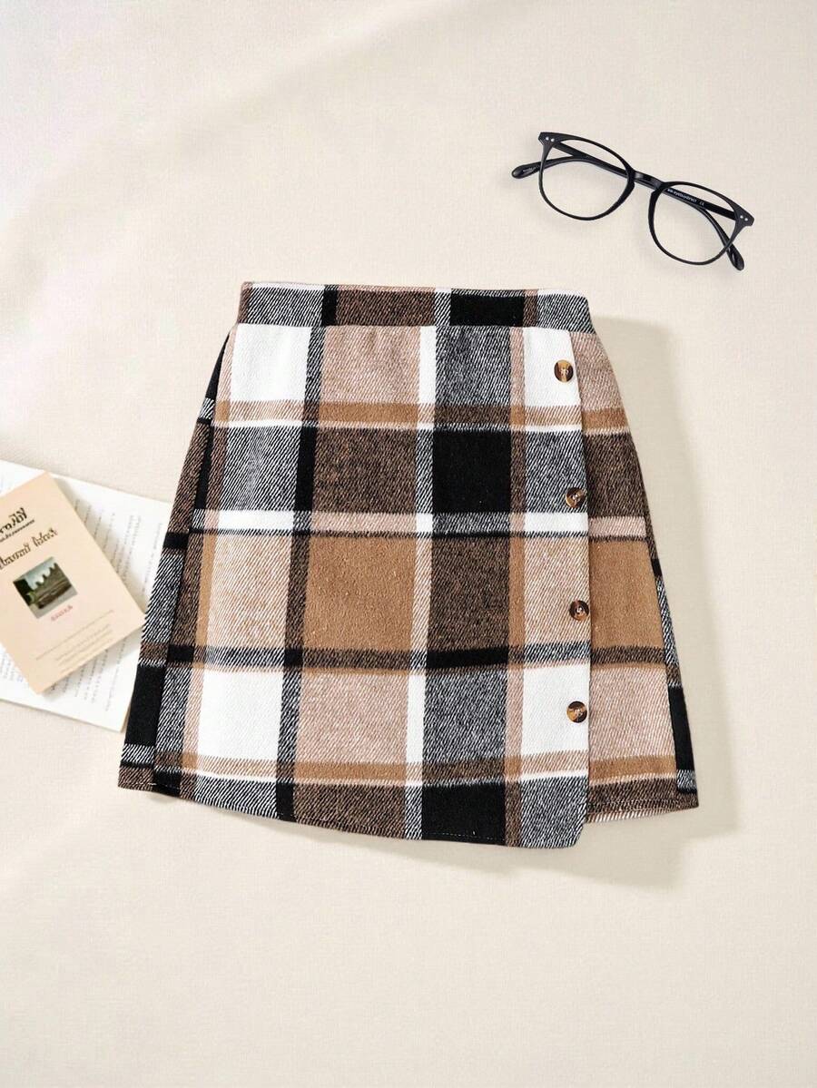 SHEIN Girls' Plaid Mini Skirt, Can Be Paired With Tight Tops, Long Sleeve Shirts, Jackets - Multicolor - View 1