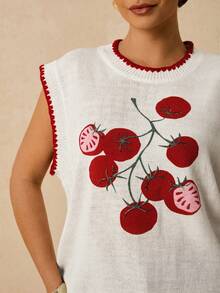 SHEIN VCAY Plus Size Tomato Print Contrast Trim Knit Vest - White - View 3