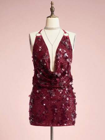 ROMWE Avant Sexy glitzerndes tief ausgeschnittenes Neckholder Crop Top für Frauen, geeignet für Tanzpartys