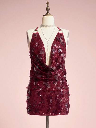 ROMWE Avant Top corto con cuello halter profundo y drapeado con brillo, adecuado para fiestas y baile