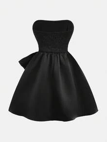 SHEIN Girlism 少女编织纯色网眼连衣裙，配有超大束腰装饰，可爱的 A 字形太阳裙适合派对，淑女，法式优雅，公主风格，适合婚礼季节、生日、花童礼服 - 黑色 - 查看 3