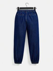 SHEIN Tween Boy Fashion Casual Pocket Design Cool/Thanksgiving Loose And Elastic Elastic Waist And Drawstring Design Comfortable Denim Jogger Jeans Soft And Dailywear And Fall/Winter Wear - Dark Wash - View 2