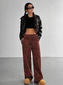 StreetHx 新款复古豹纹宽松阔腿裤，女款 - 紅色 - 查看 6