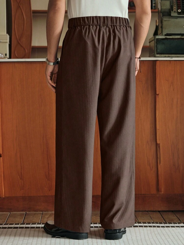 SWAVVY Men's Casual Commuter Striped Slant Pocket Suit Pants - Brown - View 4