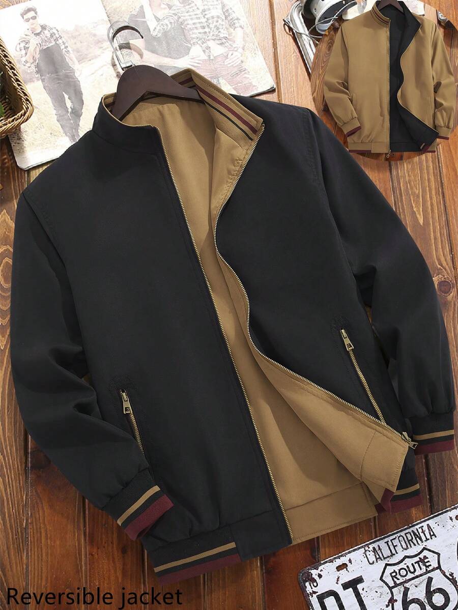 Manfinity Homme Áo khoác nam cỡ lớn thời trang tay dài có khóa kéo, áo khoác nam có khóa kéo, áo khoác hai mặt, áo khoác bomber nam. - màu đen - Xem 1