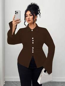 SHEIN Elenzya Áo cánh dài tay xếp ly đính nút ngọc trai trơn màu cho nữ - Cà phê nâu - Xem 3