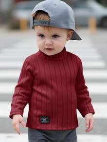 Baby Boy/Girl Basic High Neck High Elasticity Ribbed Brushed Thermal Fitted Long Sleeve Top, Suitable For Winter Layering - Burgundy - View 9