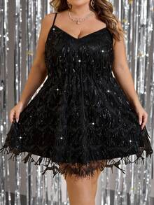 SHEIN CURVE+ Váy ngắn thanh lịch đính sequin thời trang thu đông cỡ lớn dành cho nữ, thích hợp cho những dịp trang trọng như hẹn hò và tiệc sinh nhật - màu đen - Xem 6
