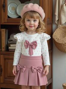 SHEIN 春秋季女婴甜美波点荷叶袖上衣+蝴蝶结装饰百褶裙套装，面料柔软亲肤，可爱公主风，适合日常外出和家庭聚会，蝴蝶结设计，适合6个月至3岁的婴幼儿，理想的秋季套装 - 粉色 - 查看 9