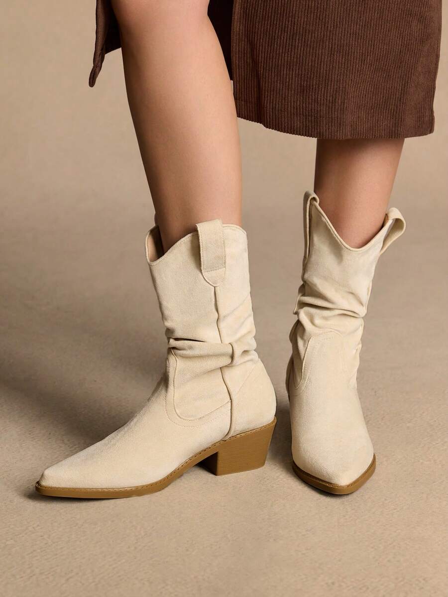 Rosivie Damen Retro Western Stil Plateau Knöchel Stiefel - Aprikosenfarben - Übersicht 1