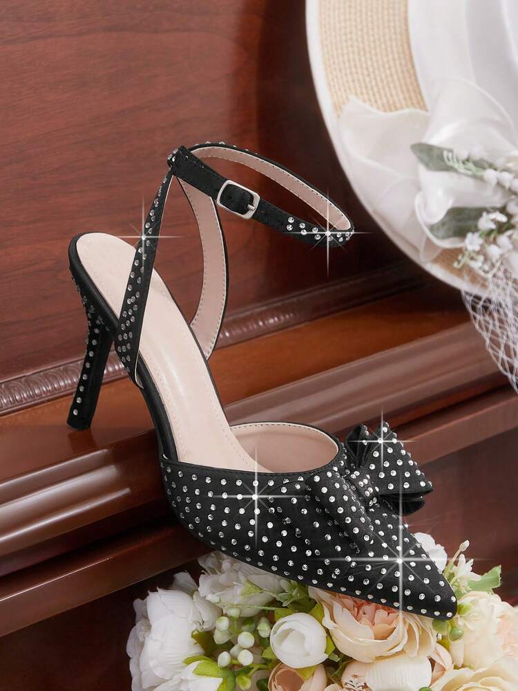 CUCCOO HITCHD Women's Fashionable Elegant Party Rhinestone Bow Decor Pointed Toe Pumps For Christmas
