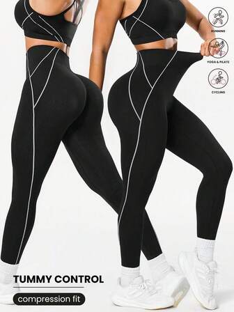 Seamluxe SHEIN Sport Seamless Black Sports Leggings With White Stripes,Cropped Yoga Pants For Fitness, Running, Daily Wear Gym Leggings Pack Gym Tights Set Gym Clothes Curve Gym Matching Set Workout Curve Activewear Set Yoga Cycling Pants Women High Waist Compression Workout Leggings Tummy Control Athletic Tights Body Shaping Activewear