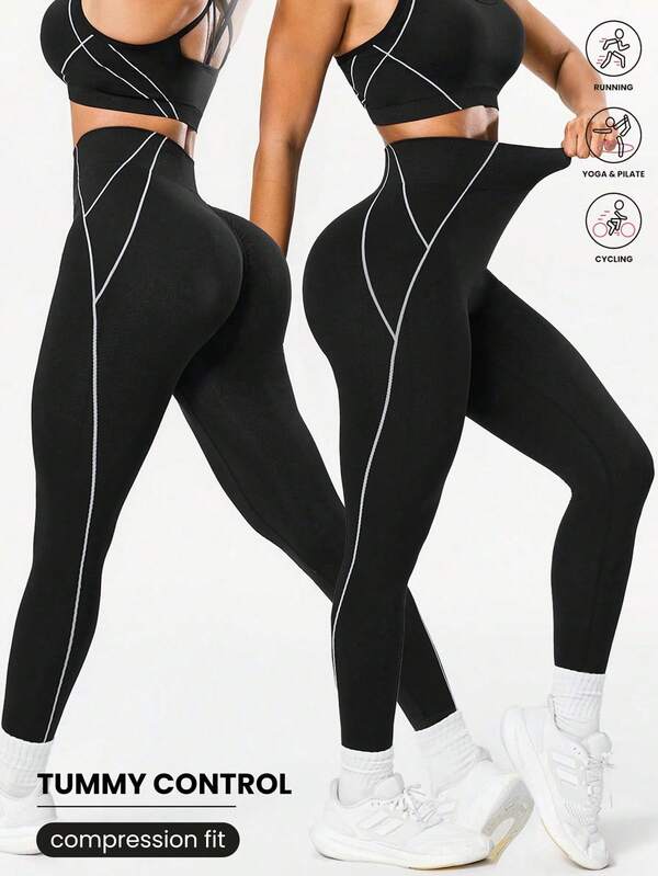 Seamluxe SHEIN Sport Leggings deportivos negros sin costuras con rayas blancas, pantalones de yoga recortados para fitness, correr y uso diario