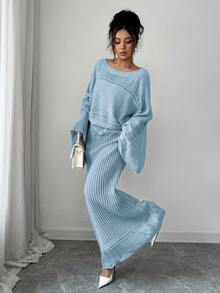 Elenzga 女士秋冬休闲复古镂空花卉针织衫套装，百搭单品，适合度假、独立日、劳动节、哥伦布日、感恩节、情人节、街头风、优雅工作/上学穿着 - 淺藍色 - 查看 7