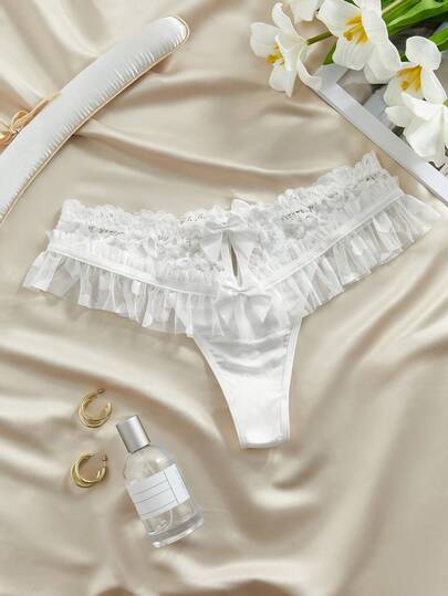 Crystal Vow White Lace Patchwork Women's Panties With Ruffle Hem Design, Ideal For Wedding Season