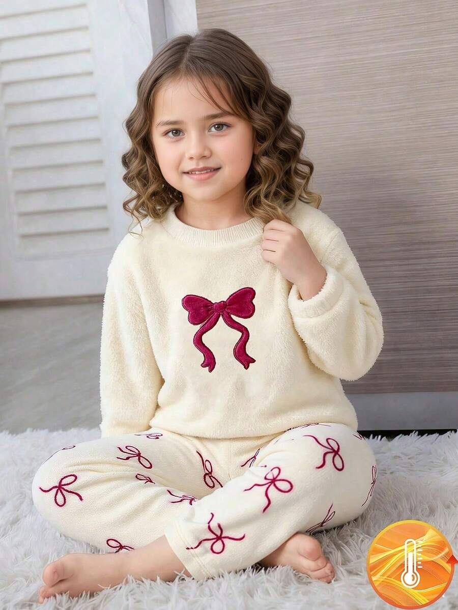 SHEIN Winter  1 Set Merry Christmas Young Girl Pajamas, Includes Plush Bow Embroidered Cream Long Sleeve Top And Bow Detailed Plush Pants, Soft Knit Fabric, Comfortable Fit, Machine Washable, Sold Separately In 1-Set Girls Bow Pajamas,Young Girl Pajamas Fall&Winter Clothings Kids Bow Pajamas - Multicolor - View 1