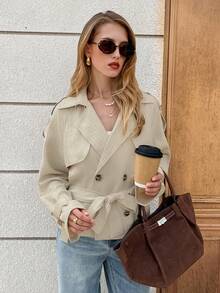 Serisse Women's Brown Autumn Parisian Chic Daytime Double-Breasted Belted Short Trench Coat,Elegant Lapel Collar Casual Solid Color Commute Spring Jacket - Apricot - View 2