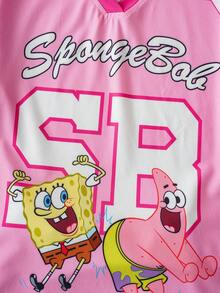 SpongeBob SquarePants | SHEIN Tween Girl Cute Cartoon Pattern V-Neck Long Sleeve T-Shirt, Pink - Multicolor - View 4