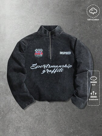 Polo unisex con stampa a fiocco di neve lavata, felpa polo casual in stile college con stampa in inglese