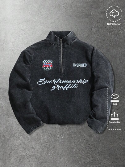 Polo unisex con stampa a fiocco di neve lavata, felpa polo casual in stile college con stampa in inglese