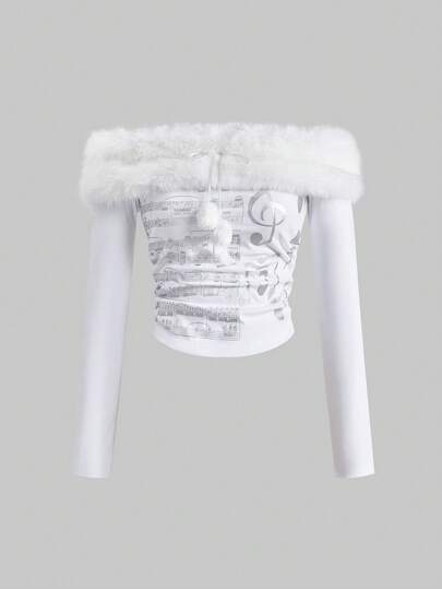 J-Fashion Top à manches longues amovible avec épaules dénudées, nœud et décoration pelucheuse, adapté pour les tenues d'hiver