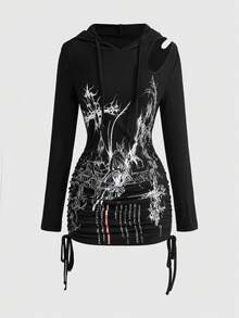 ROMWE Grunge Punk Váy trùm đầu xếp nếp hở lưng bất đối xứng phong cách Punk dành cho nữ - màu đen - Xem 5