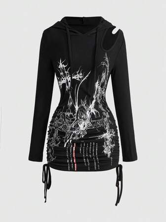 Grunge Punk Damen Punk asymmetrisches Ausschnitt-Kleid mit Kordelzug und Raffung, mit Kapuze