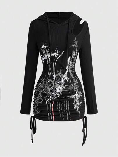 Grunge Punk Vestido con capucha asimétrico con recortes, cordón y drapeado de estilo punk para mujer