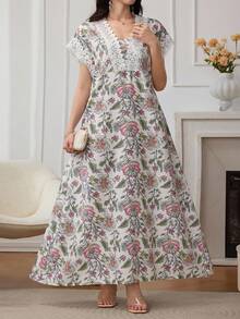 Modelyn 优雅花卉印花拼接蕾丝边长袖连衣裙（女款） - 彩色 - 查看 3