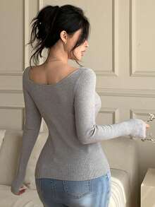 DAZY Cardigan tricotat subțire cu mânecă lungă, culoare solidă, guler asimetric, culoare solidă, croială slim fit pentru femei - Gri deschis - Vizualizare 2