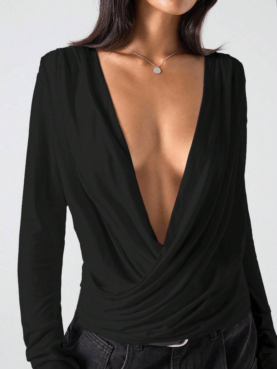 LYSMO Women's Solid Color Long Sleeve Plunging Neck Fashionable Versatile Sexy Blouse