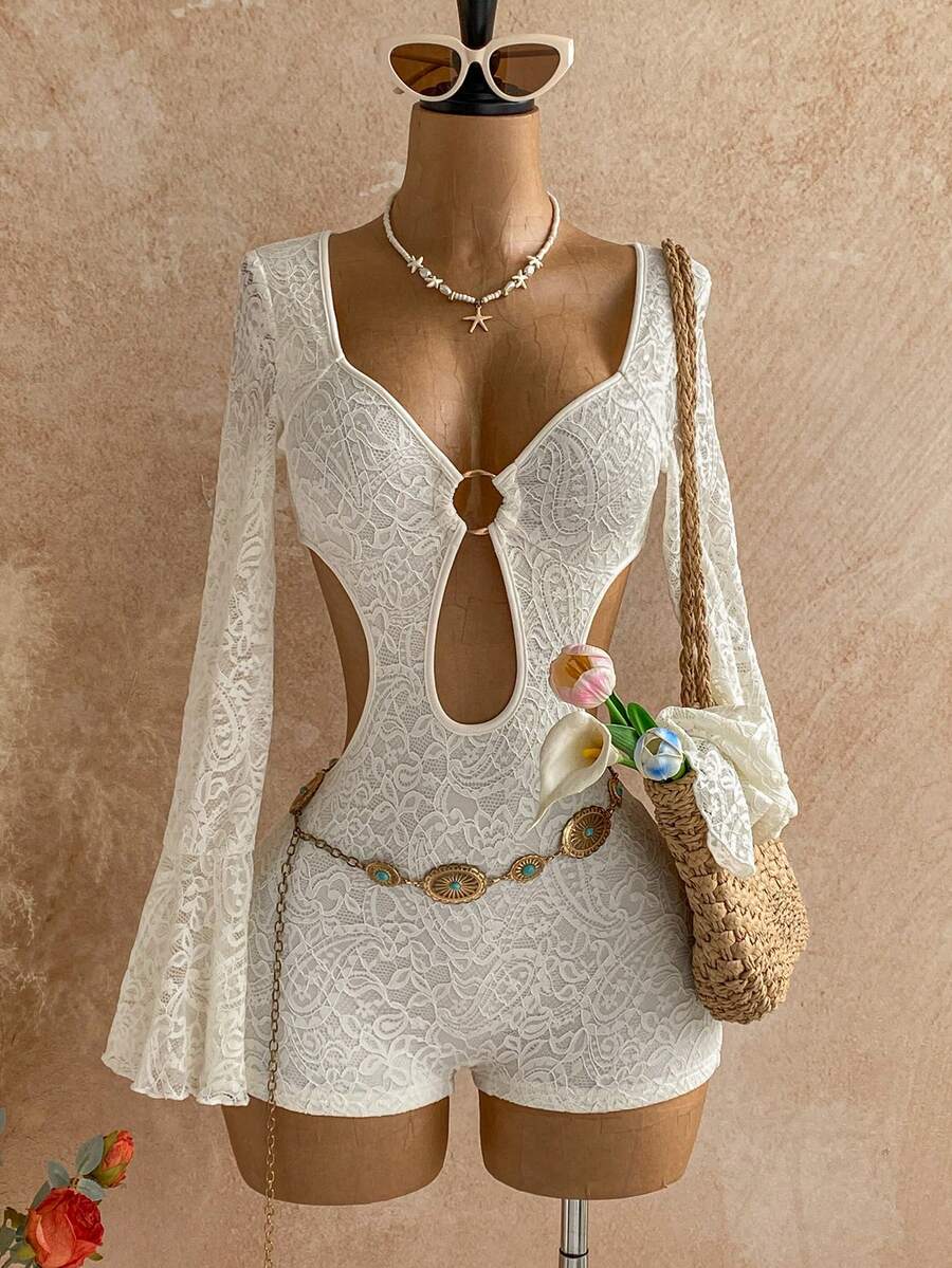 Soleia Bộ đồ liền thân ren gợi cảm cổ loe tay lỡ hở vai cho nữ - trắng - Xem 1