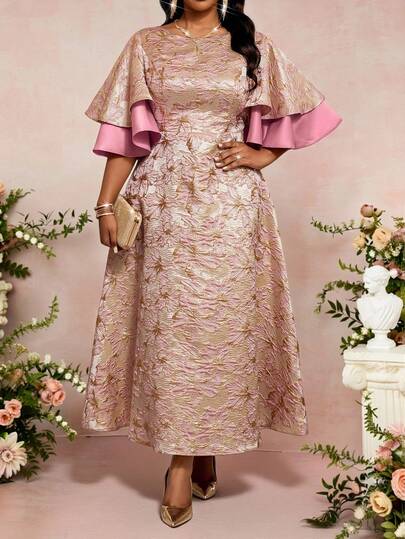 Fleurora Spring And Summer Elegant Wedding Plus Size Elegant Party Jacquard Flare Sleeve Dress Brocade Jacquard Dress Tea Length Dress Garden Party Formal Dress Filipiniana Dress Elegant Dresses For Party Floral Dress Pink Dress Elegant Dresses For Women New Year Dress Summer Dress Wedding Party Dress Spring Dress Women Valentine's Day Summer Dress