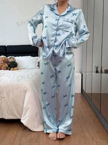 Snug Zone Blue Satin Striped Bow Print Pajama Set For Women Long Sleeve Lapel Neck Pocket Design - Blue - View 4