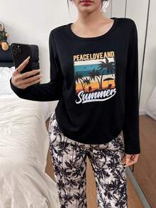 Dream Adore 女士休闲椰树印花长袖睡衣套装，冬季服装 - 彩色 - 查看 4