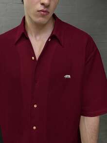 ESTAVOR Men's Casual Fashion Woven Short Sleeve Shirt With Embroidered Polar Bear Design, Suitable For Summer - Burgundy - View 5