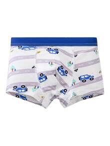 4pcs/Pack Boys' Cartoon Car Print Contrast Tape Waist Comfortable Boxer Briefs