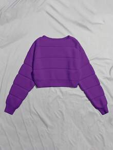 SHEIN LUNE 女式纯色圆领长袖休闲宽松套头衫，秋冬 - 紫色 - 查看 2