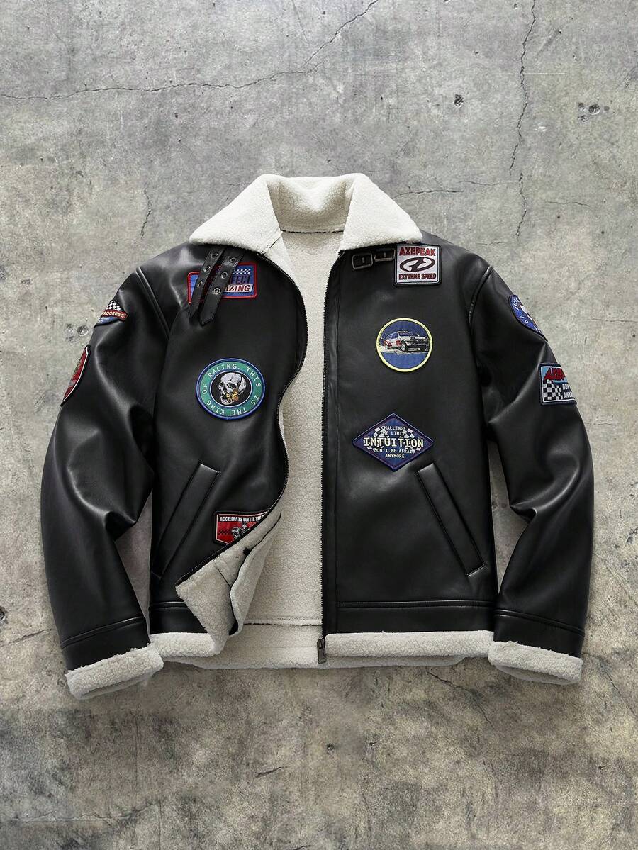 AXEPEAK Chaqueta de cuero PU con forro térmico y decoración de cremallera, de moda para hombres