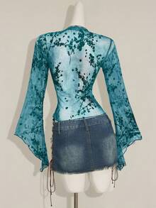 SHEIN ICON Asymmetrical Hem Flare Sleeve Vintage Flocked Mesh Sheer Cardigan For Women - Blue - View 2